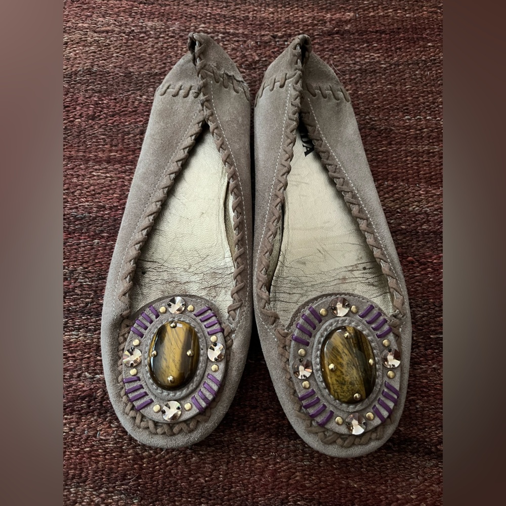 PRADA suede flat with tigers eye
